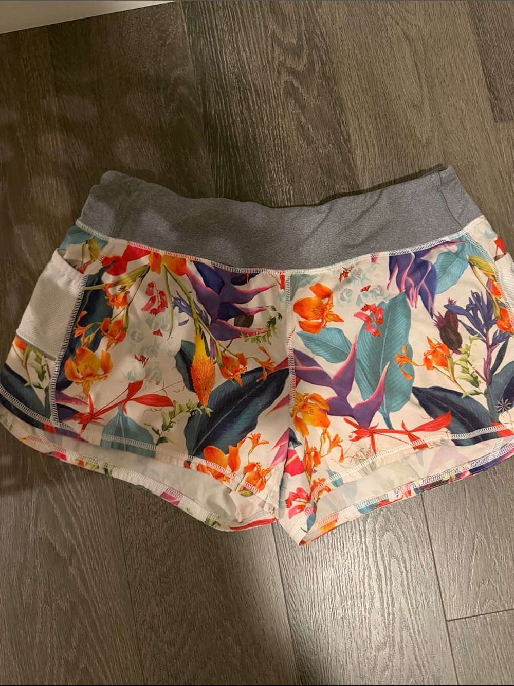 Athleta Floral Tropical Active Shorts - White with Orange & Teal Accents